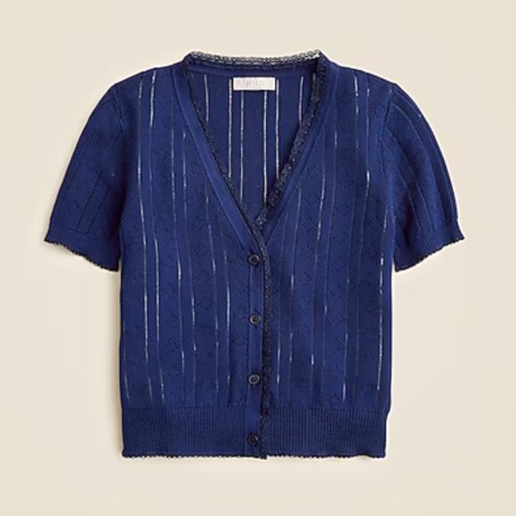 J. Crew Pointelle short-sleeve V-neck cardigan in premium ultra-fine cotton Blue - Picture 1 of 1